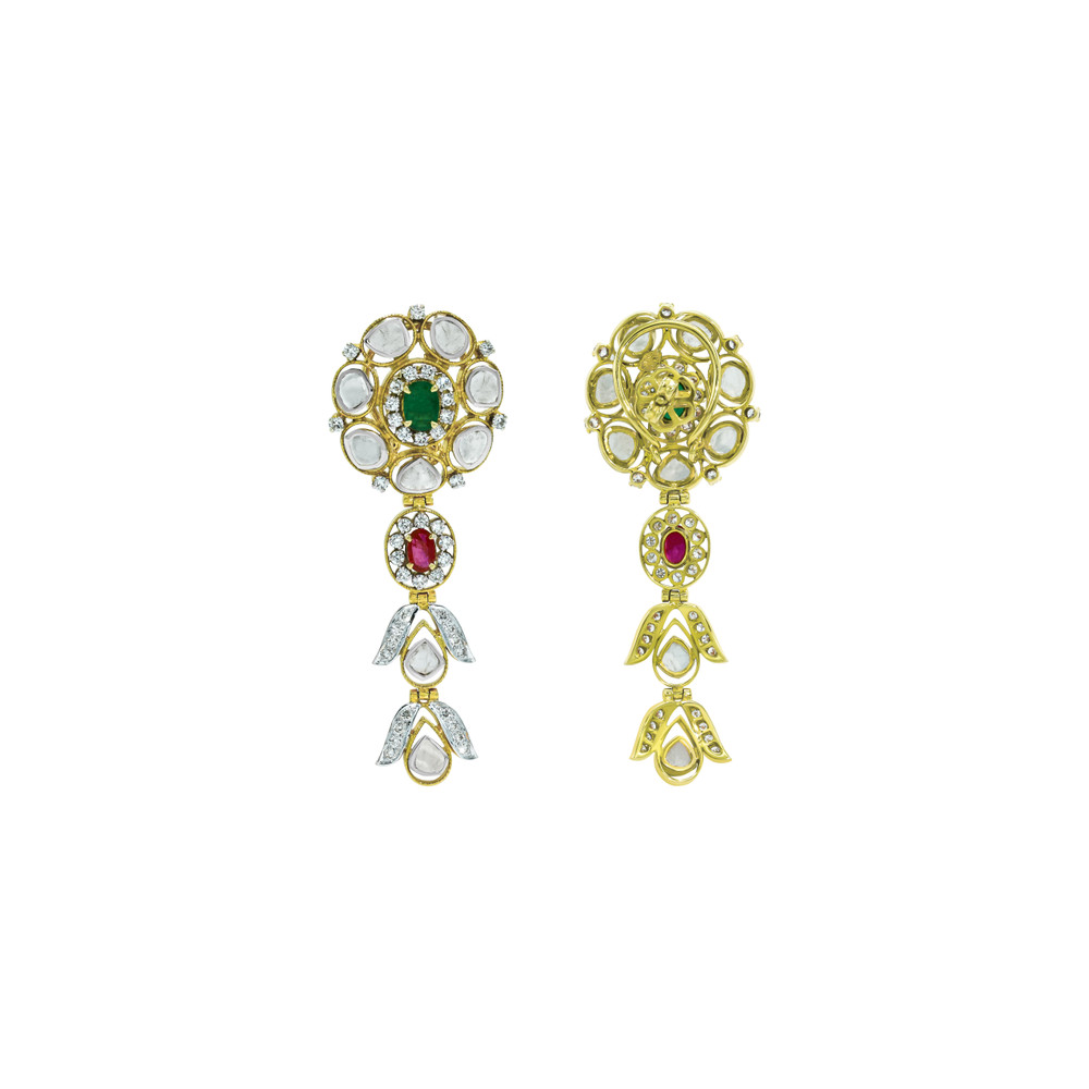 Layered Polki Necklace Set with Emeralds, Rubies, and Drops